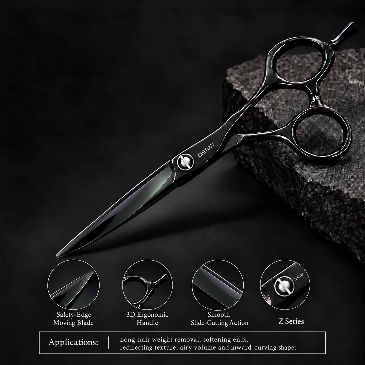 CHITIAN Z-01 black titanium barber shears, spear-point blade, product view