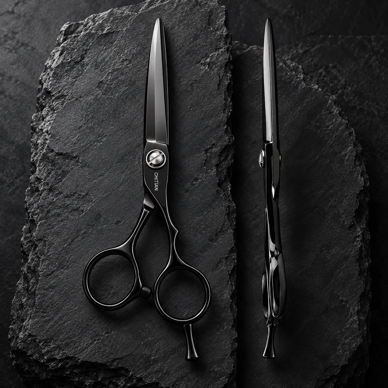 CHITIAN Z-01 black titanium scissors, front and side views