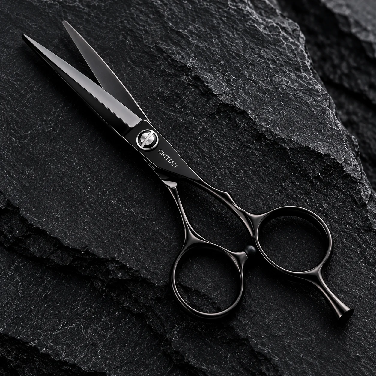 CHITIAN Z-01 Main Open View CHITIAN Z-01 black titanium cutting scissors, complete open view on dark stone